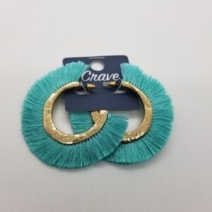 Crave gold and teal fringe hoop earrings